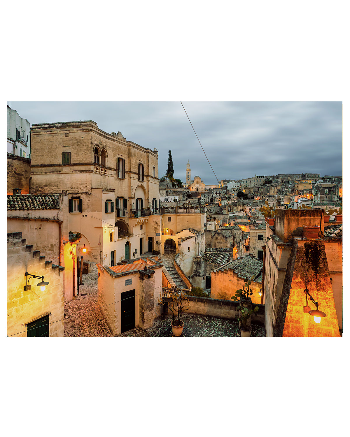 Matera Italy twilight architecture print showcasing textured city streets and golden light.