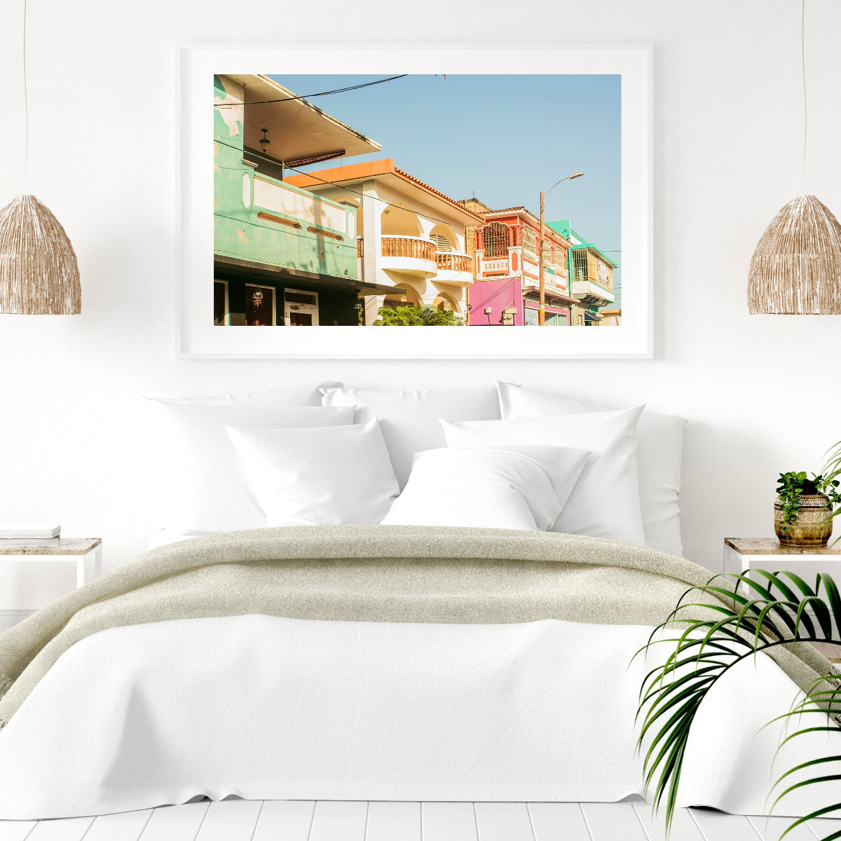 Coastal decor feautring framed travel photograph cof olorful buildings in Old San Juan, puerto rico