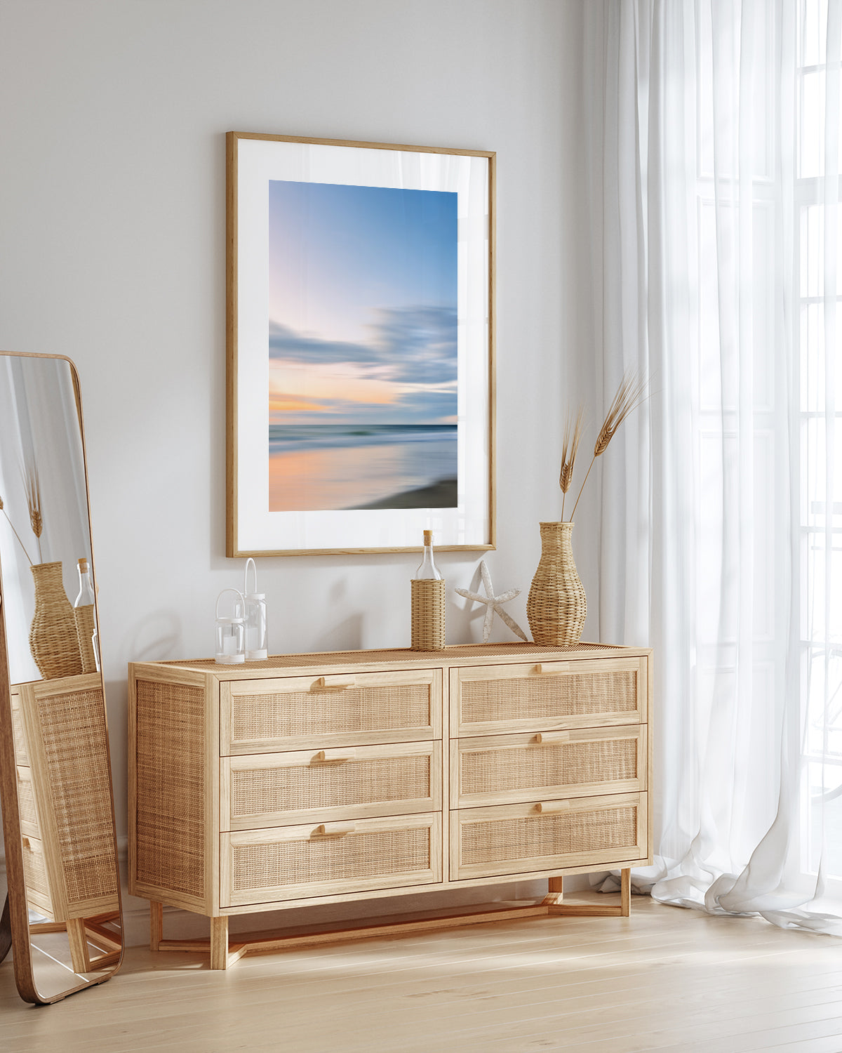 boho coastal decor featuring abstract ocean art