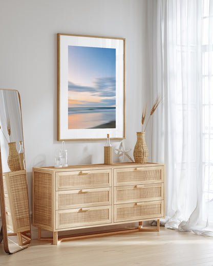 boho coastal decor featuring abstract ocean art