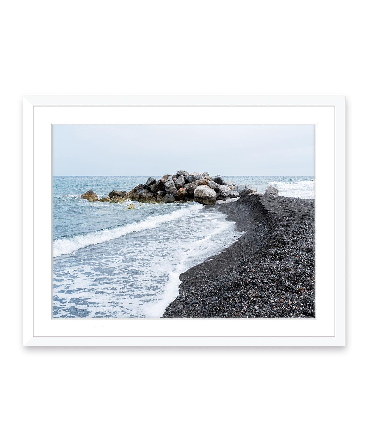 black beach, coastal art, santorini greece photograph, white frame