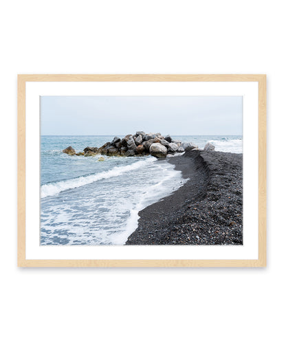 black beach, coastal art, santorini greece photograph, wood frame