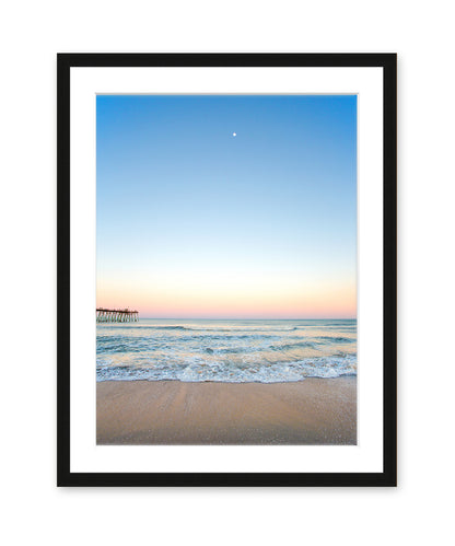 Blue Beach Photograph Sunset, Black Wood Frame, Wright and Roam