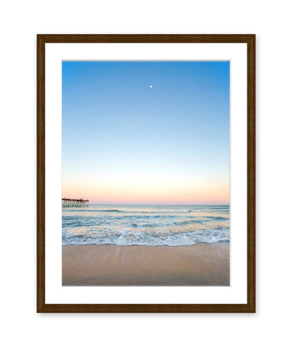 Blue Beach Photograph Sunset, Dark Wood Frame, Wright and Roam