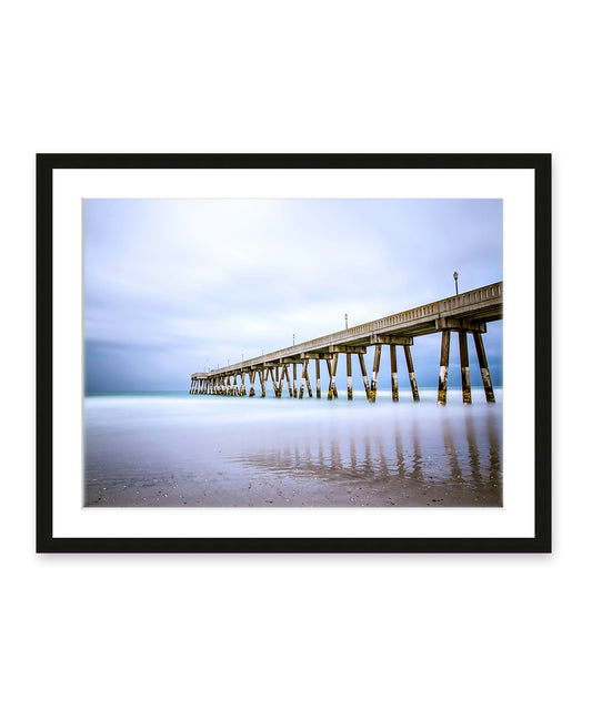 blue Johnny mercer pier Wrightsville beach photograph, black wood frame, by Wright and Roam