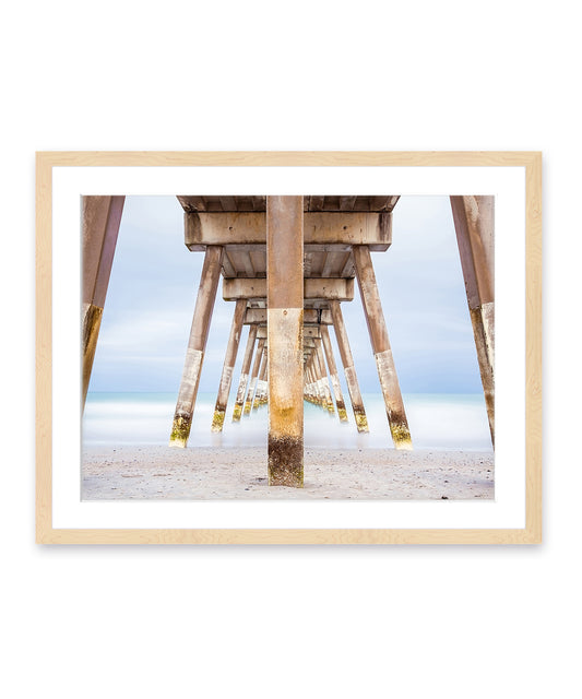 blue Johnny mercer pier wrightsville beach photograph, natural wood frame, by Wright and Roam
