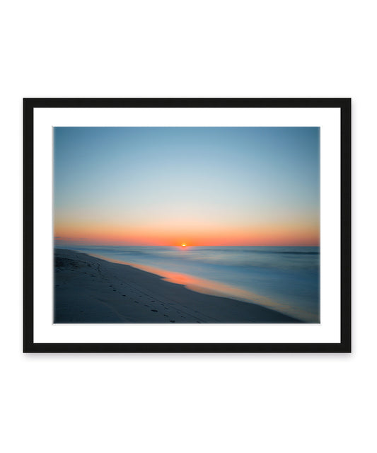 deep blue sunrise beach photograph, black wood frame, by Wright and Roam