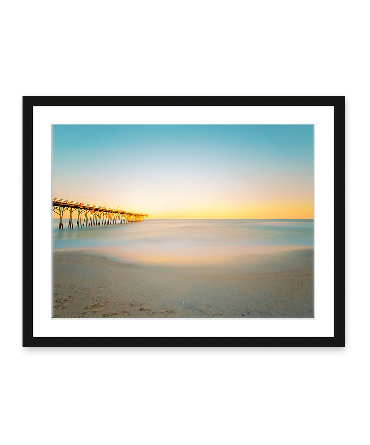 blue and yellow sunset Carolina beach photograph, black wood frame by Wright and Roam