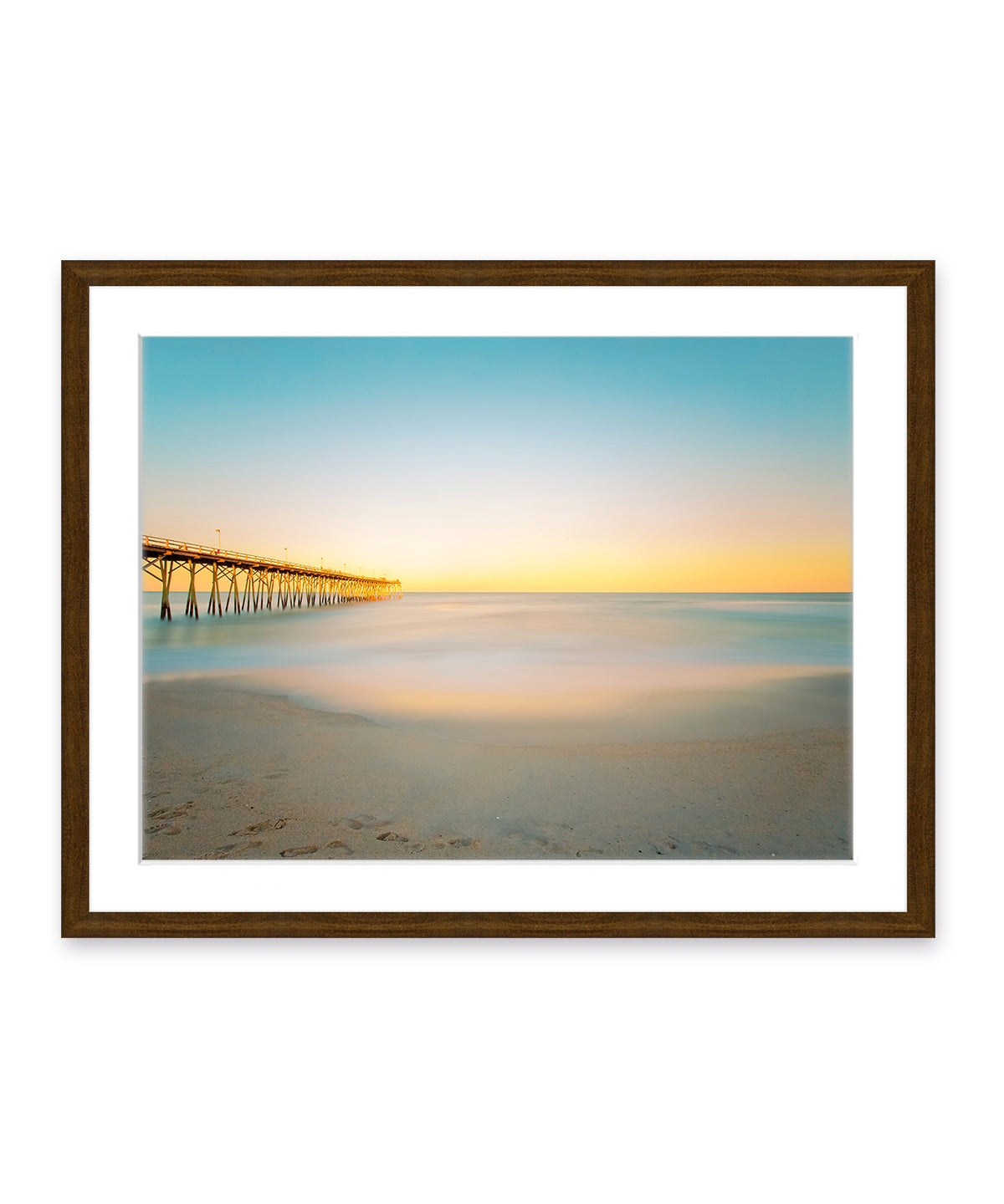 blue and yellow sunset Carolina beach photograph, dark wood frame by Wright and Roam