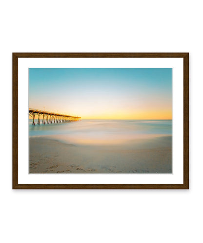 blue and yellow sunset Carolina beach photograph, dark wood frame by Wright and Roam