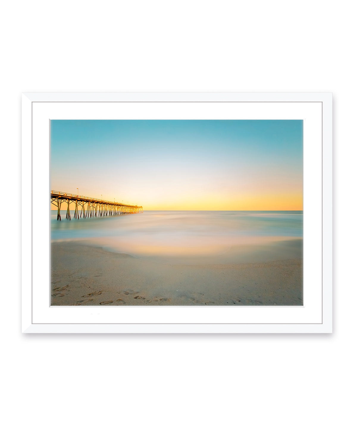 blue and yellow sunset Carolina beach photograph, white wood frame by Wright and Roam
