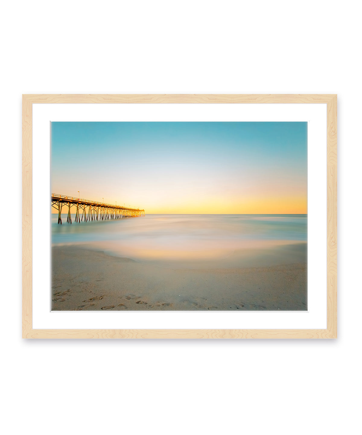 blue and yellow sunset Carolina beach photograph, natural wood frame by Wright and Roam