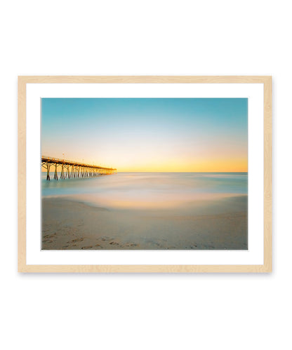 blue and yellow sunset Carolina beach photograph, natural wood frame by Wright and Roam