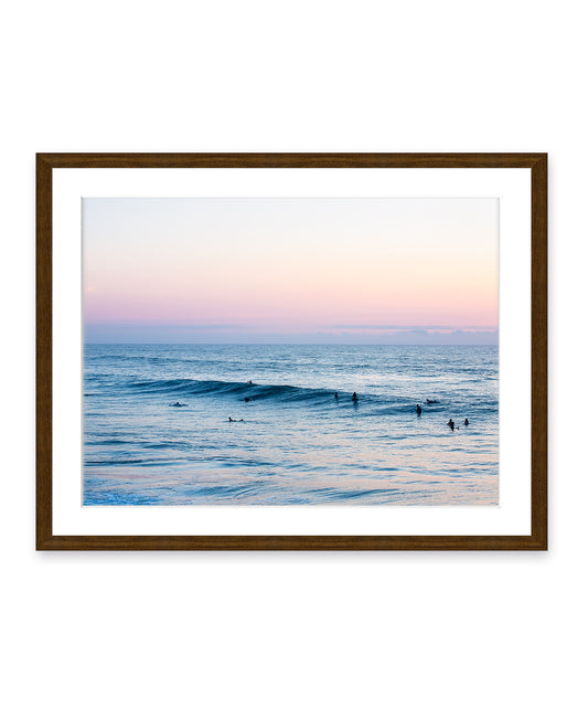 pastel blue sunrise ocean photograph dark wood frame