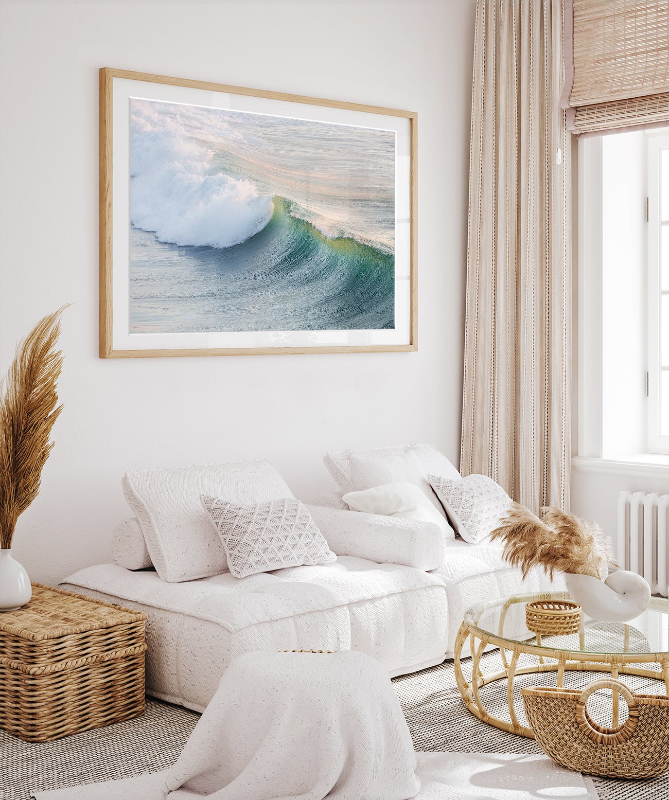 boho coastal living room decor with large framed pastel wave photograph