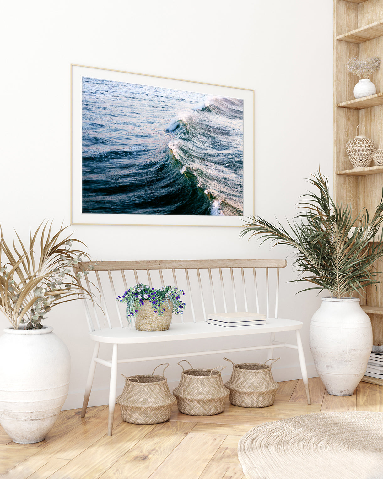 coastal boho decor featuring large minimal ocean wave art