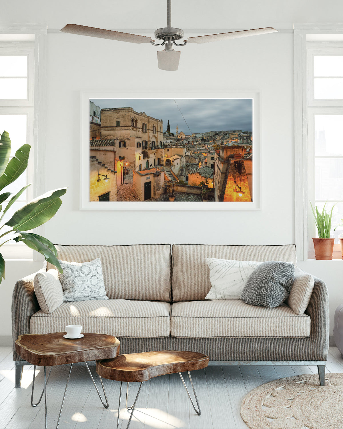 framed southern italy photograph featuring Matera, Italy at night displayed in a European inspired interior.