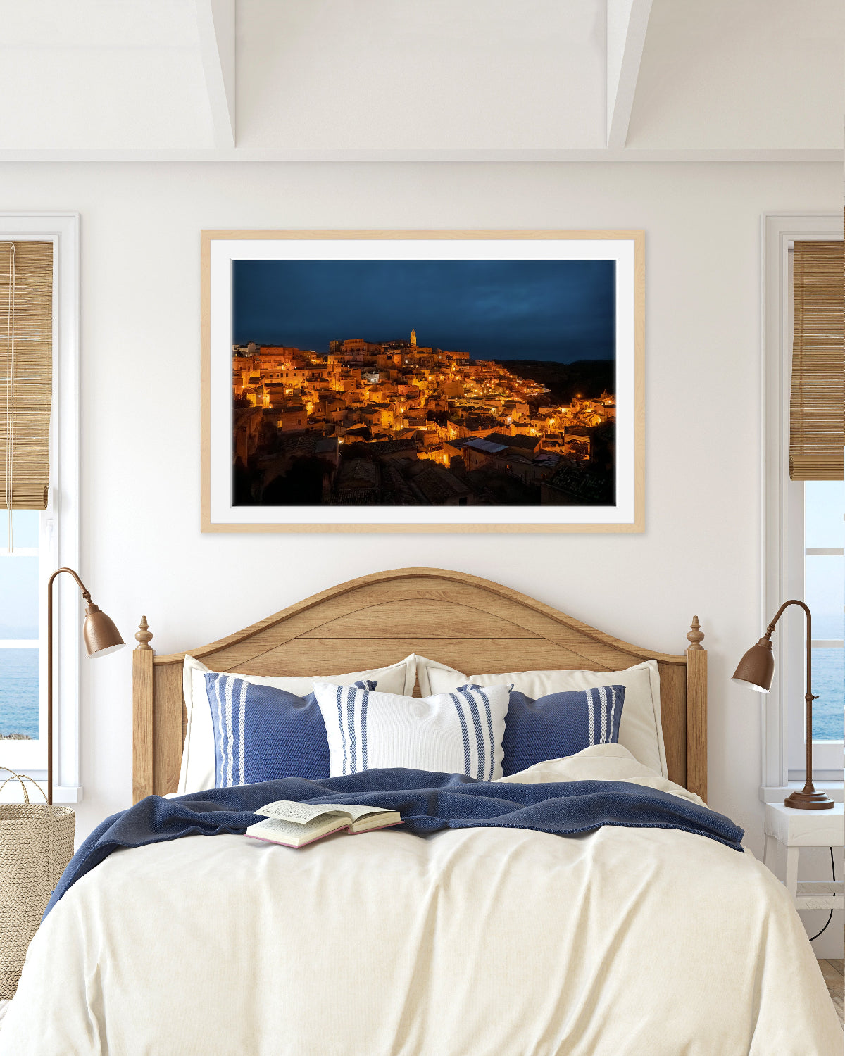 Matera, Italy night photograph displayed in a modern interior with dramatic contrast.