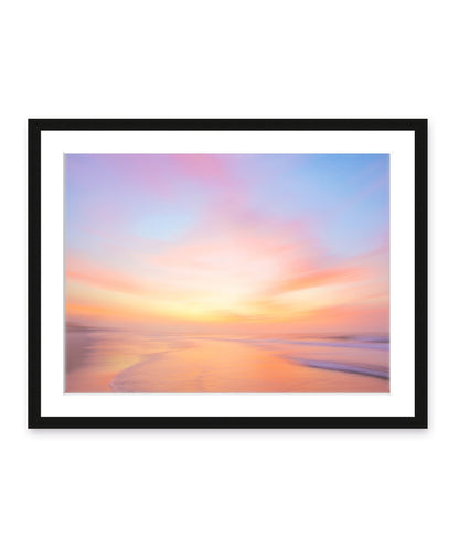 colorful abstract sunrise beach photograph, black wood frame by Wright and Roam