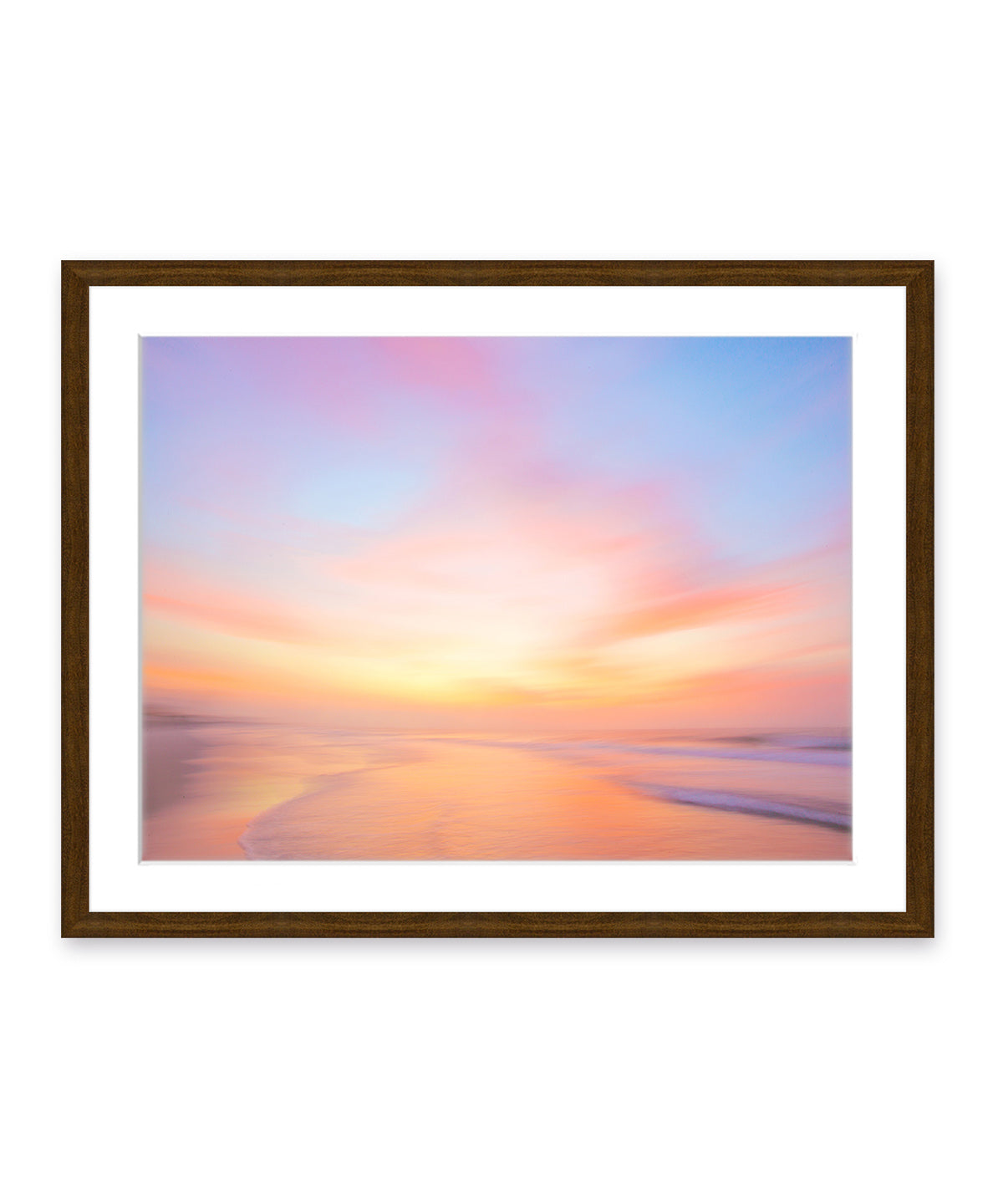 colorful abstract sunrise beach photograph, dark wood frame by Wright and Roam