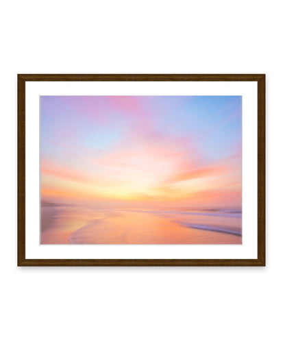 colorful abstract sunrise beach photograph, dark wood frame by Wright and Roam