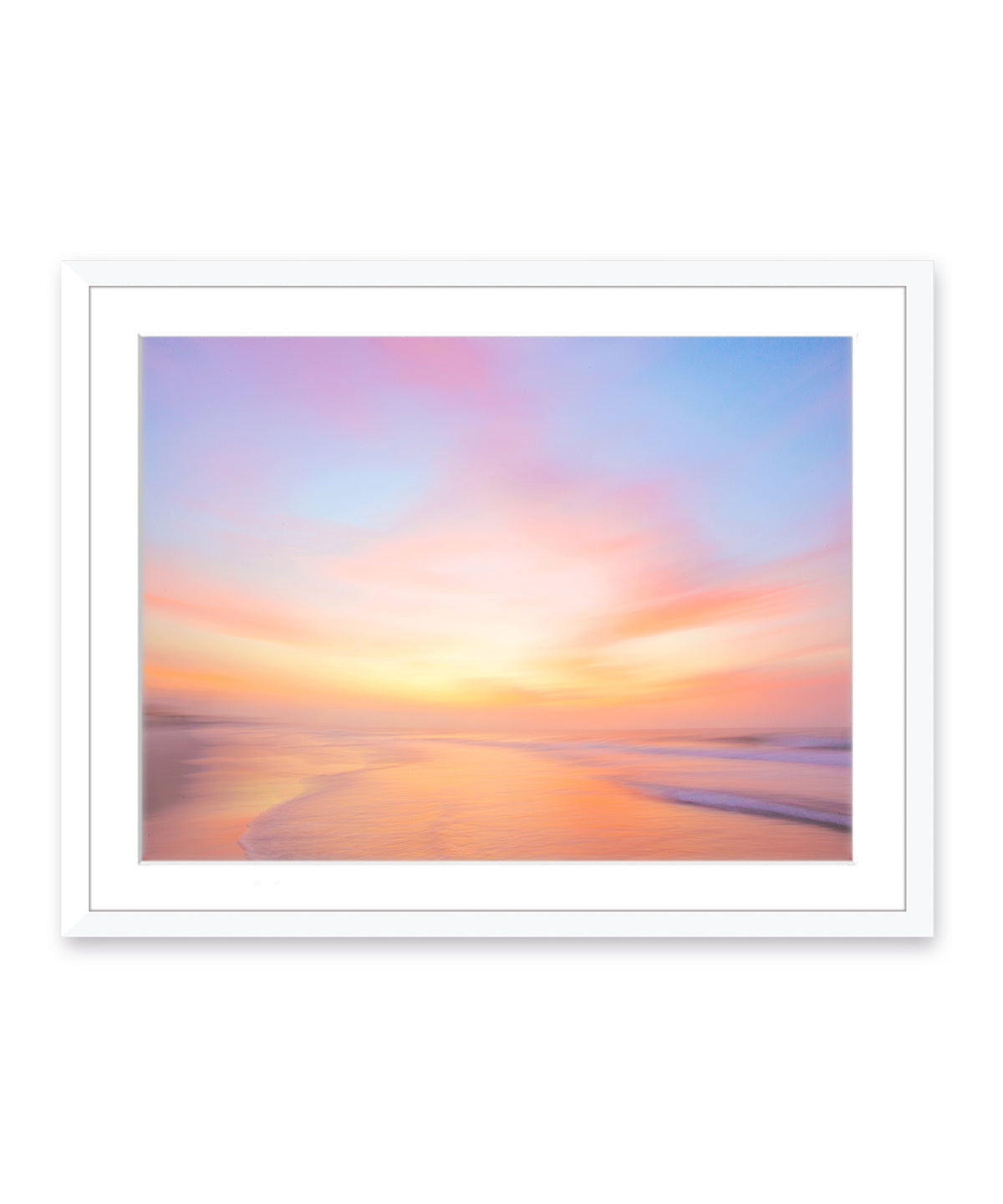 colorful abstract sunrise beach photograph, white wood frame by Wright and Roam
