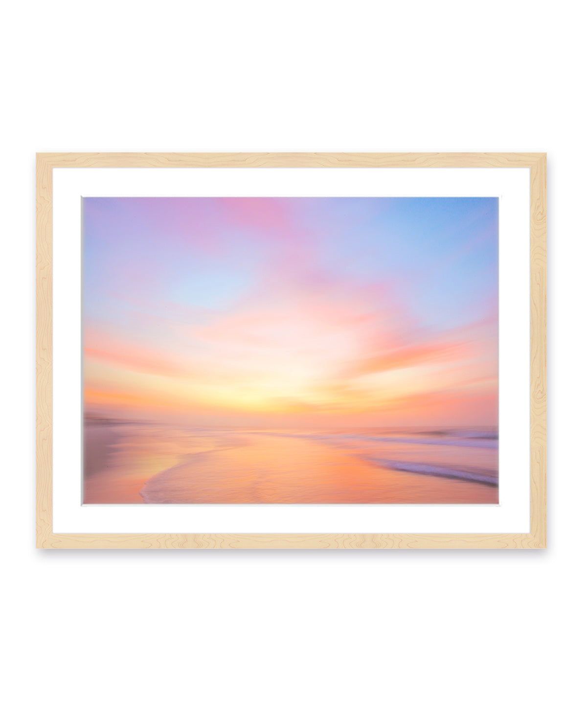 colorful abstract sunrise beach photograph, natural wood frame by Wright and Roam