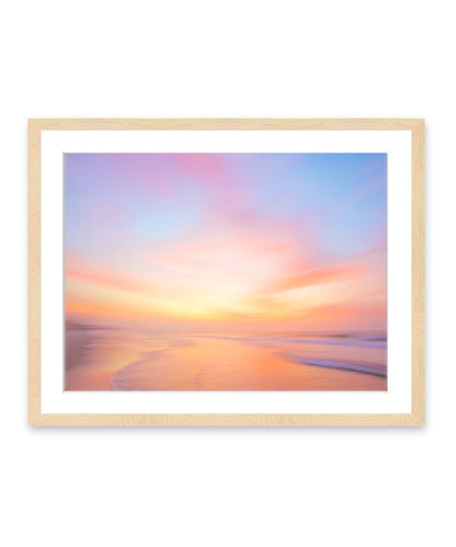 colorful abstract sunrise beach photograph, natural wood frame by Wright and Roam