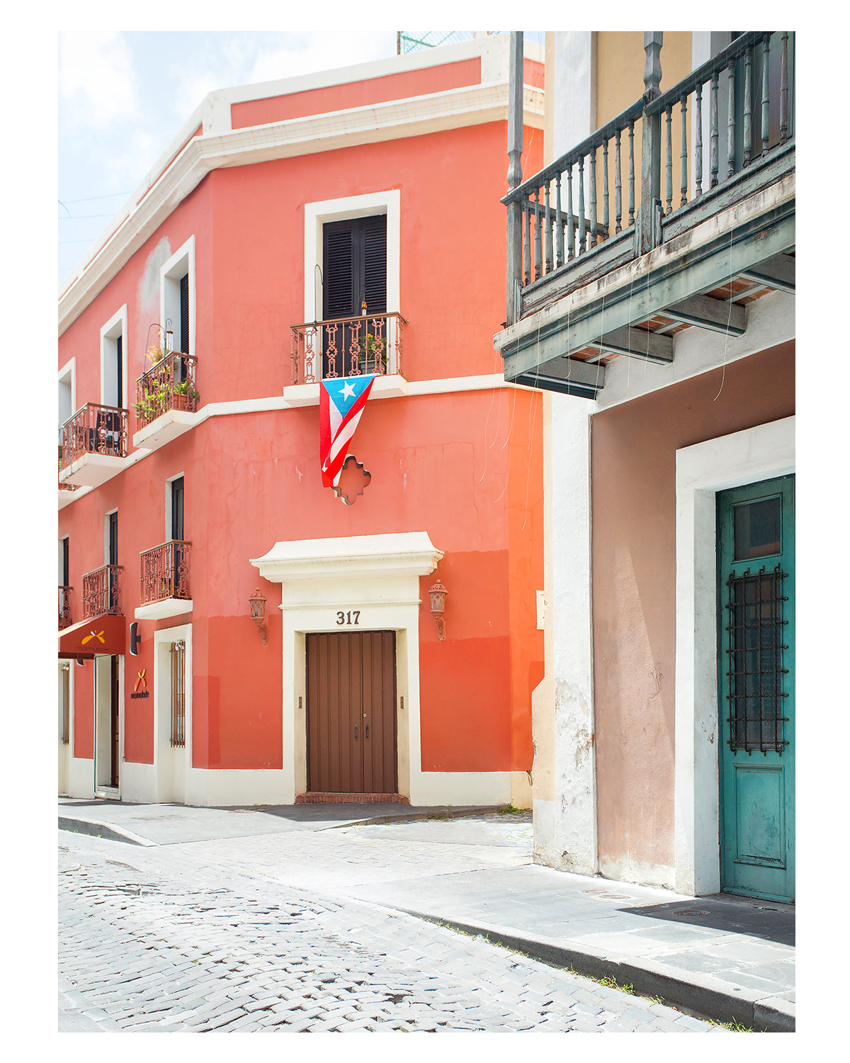 colorful red building, Old San Juan Puerto Rico, framed travel photograph