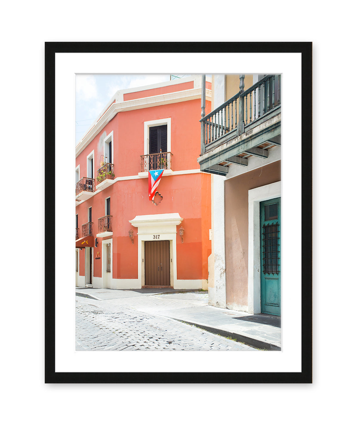 colorful red building, Old San Juan Puerto Rico, framed travel photograph, Black Wood Frame