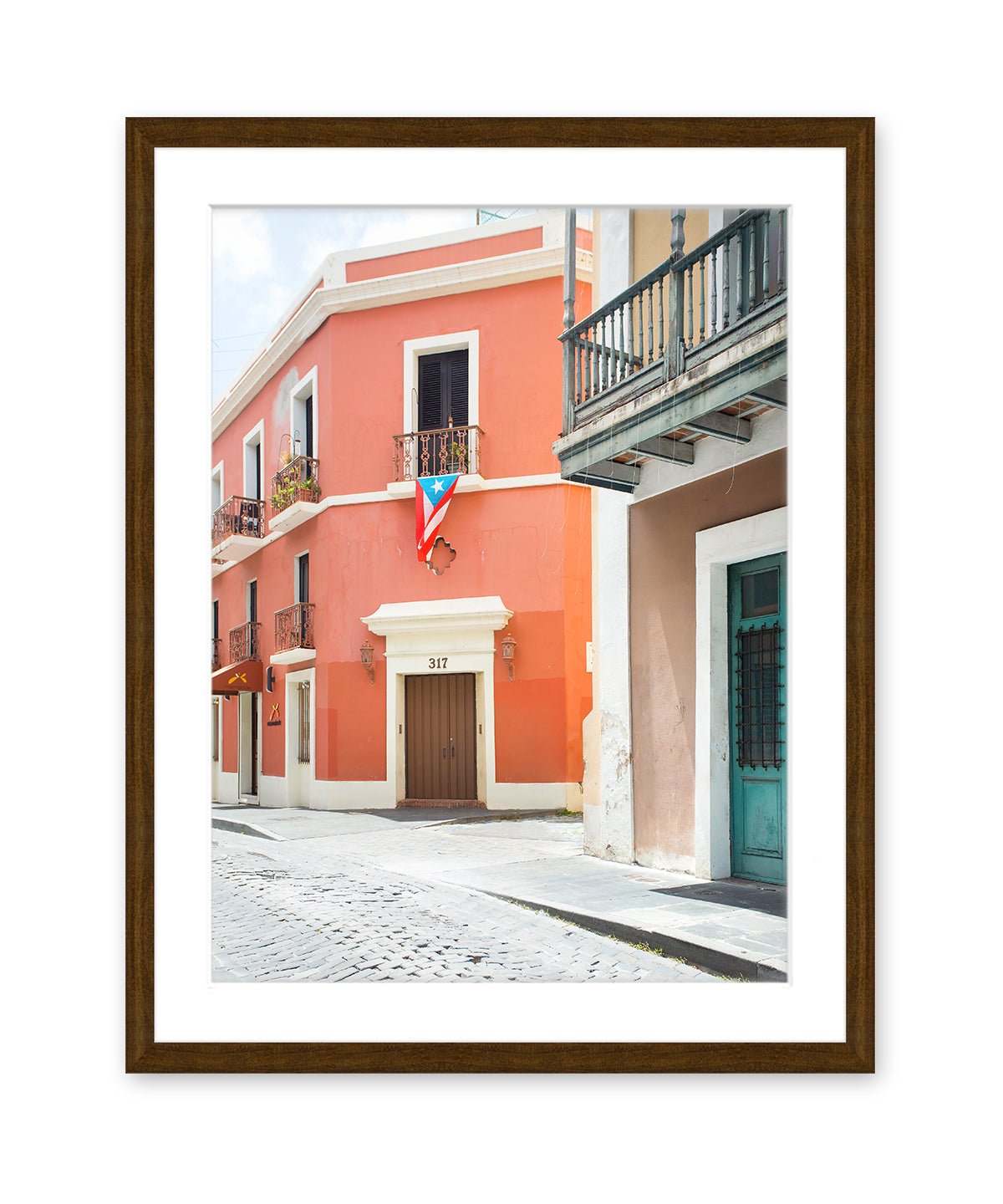 colorful red building, Old San Juan Puerto Rico, framed travel photograph, Dark Wood Frame