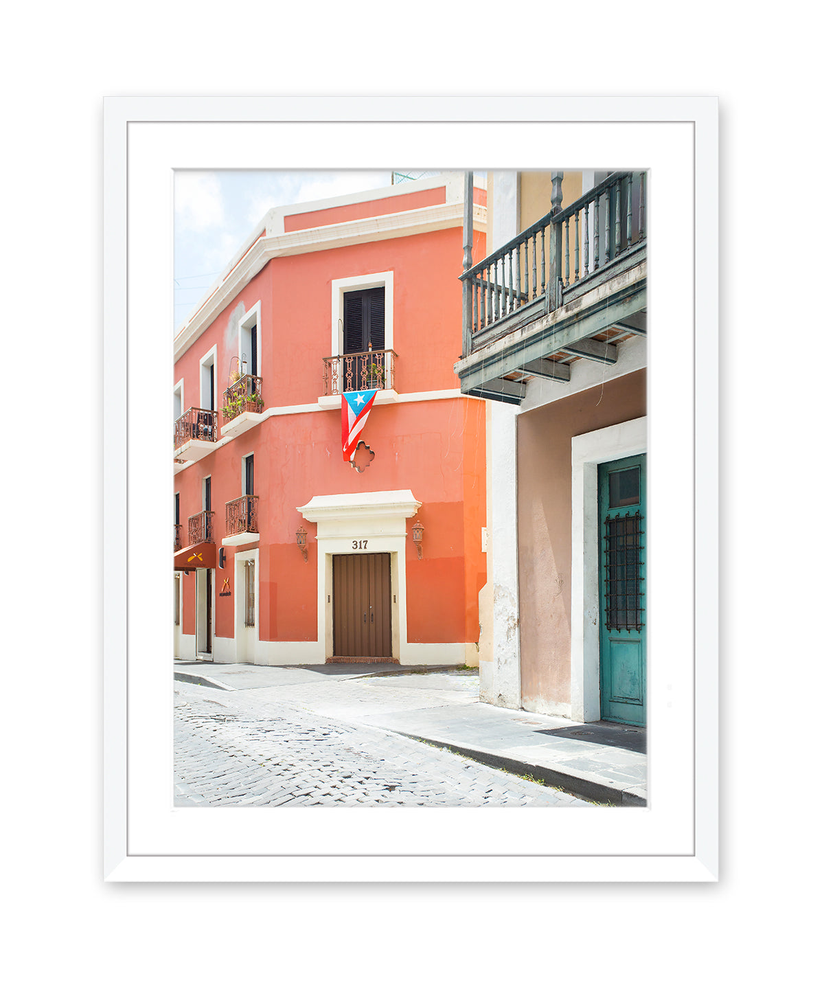 colorful red building, Old San Juan Puerto Rico, framed travel photograph, White Wood Frame