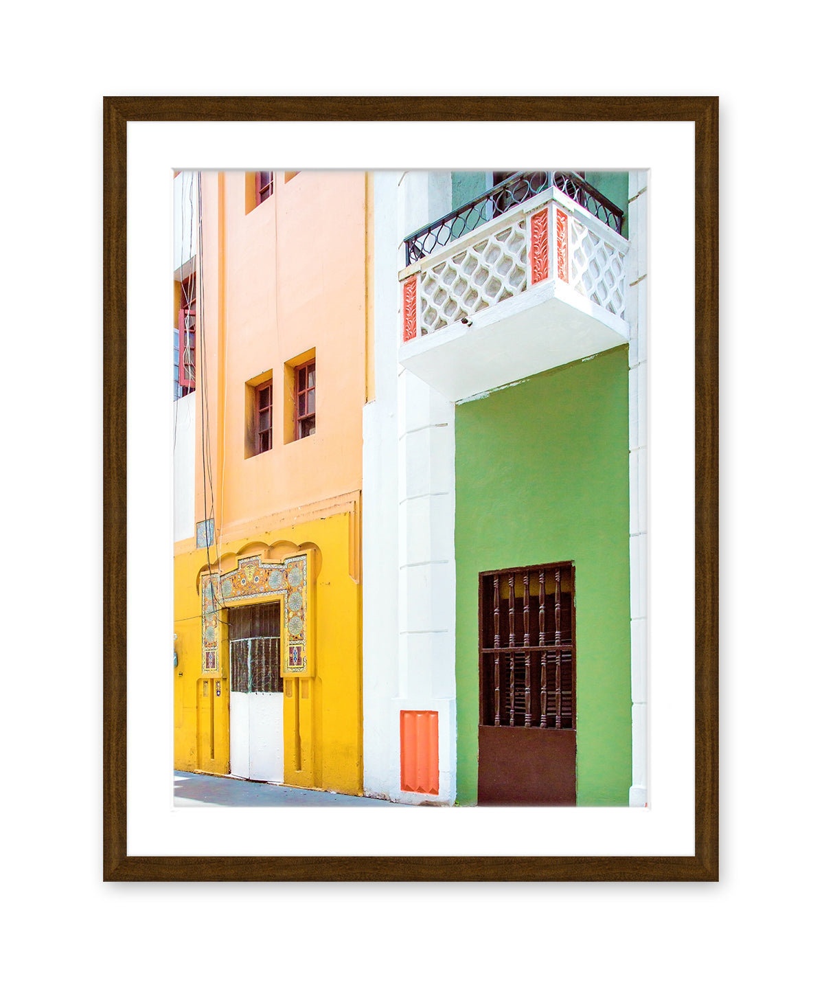 colorful architecture print, Old San Juan Puerto Rico photograph, dark wood frame