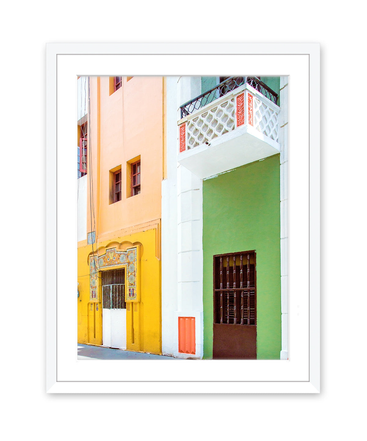 colorful architecture print, Old San Juan Puerto Rico photograph, white frame