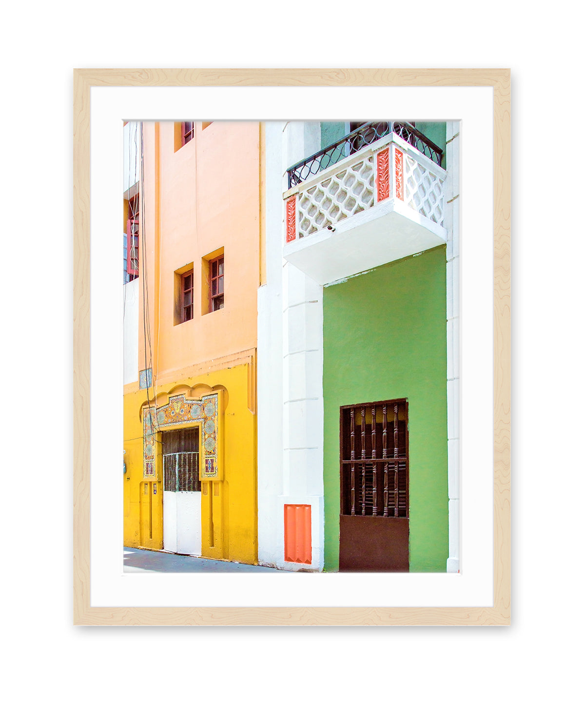 colorful architecture print, Old San Juan Puerto Rico photograph, wood frame