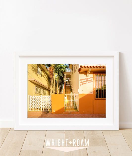 Colorful architecture photography feautring orange buildings in Rincon, Puerto Rico.