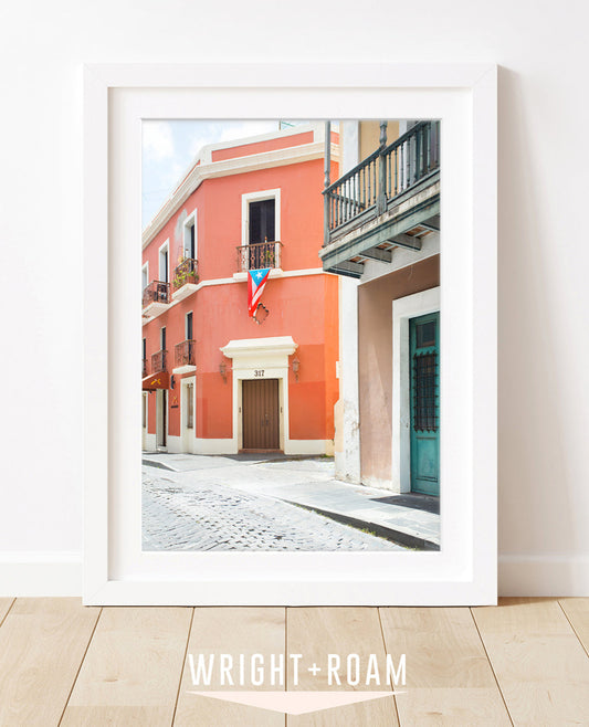 colorful red building, Old San Juan Puerto Rico, framed travel photograph