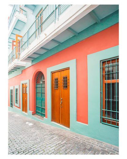colorful architecture print, blue and red buildings in Old San Juan, Puerto Rico