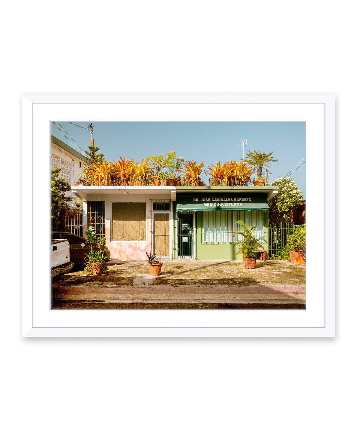 rincon puerto rico photography, building and nature landscape photograph, white wood frame