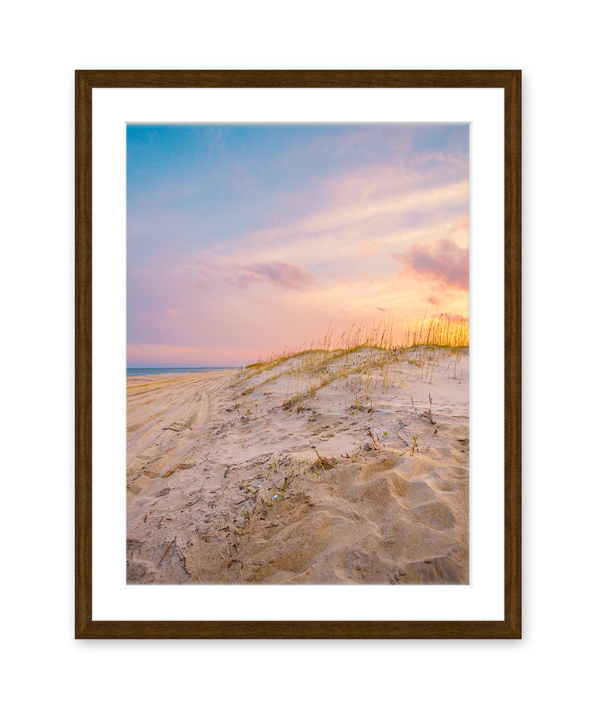 sunset beach sand dunes, dark wood frame 