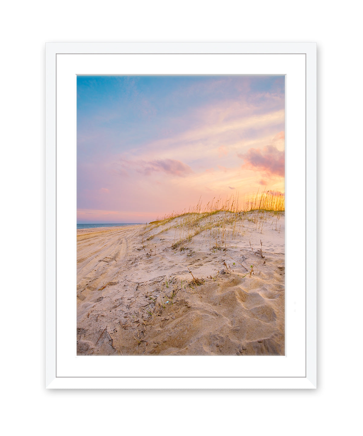 sunset beach sand dunes, white frame 