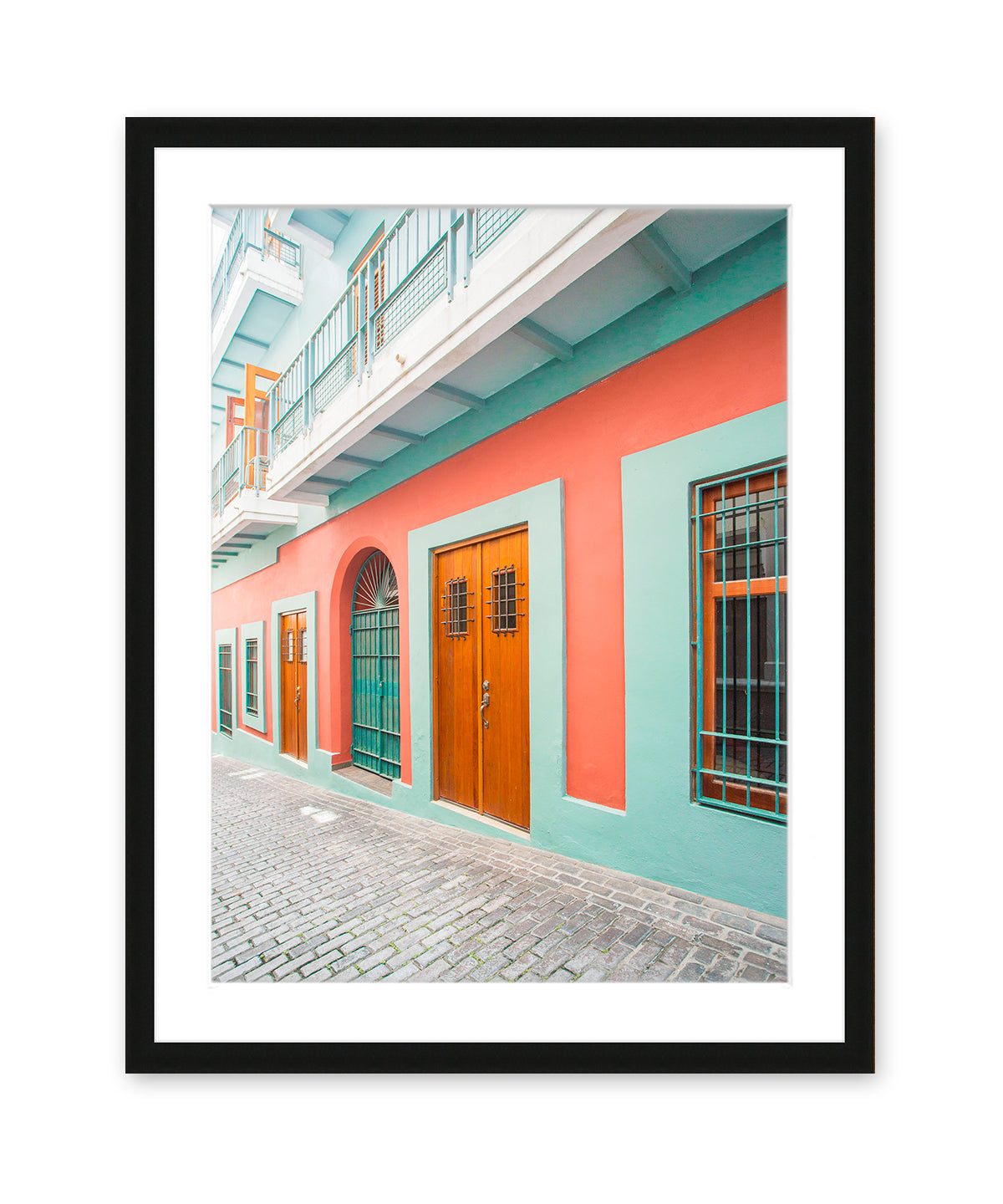 colorful architecture print, blue and red buildings in Old San Juan, Puerto Rico, Black Wood Frame