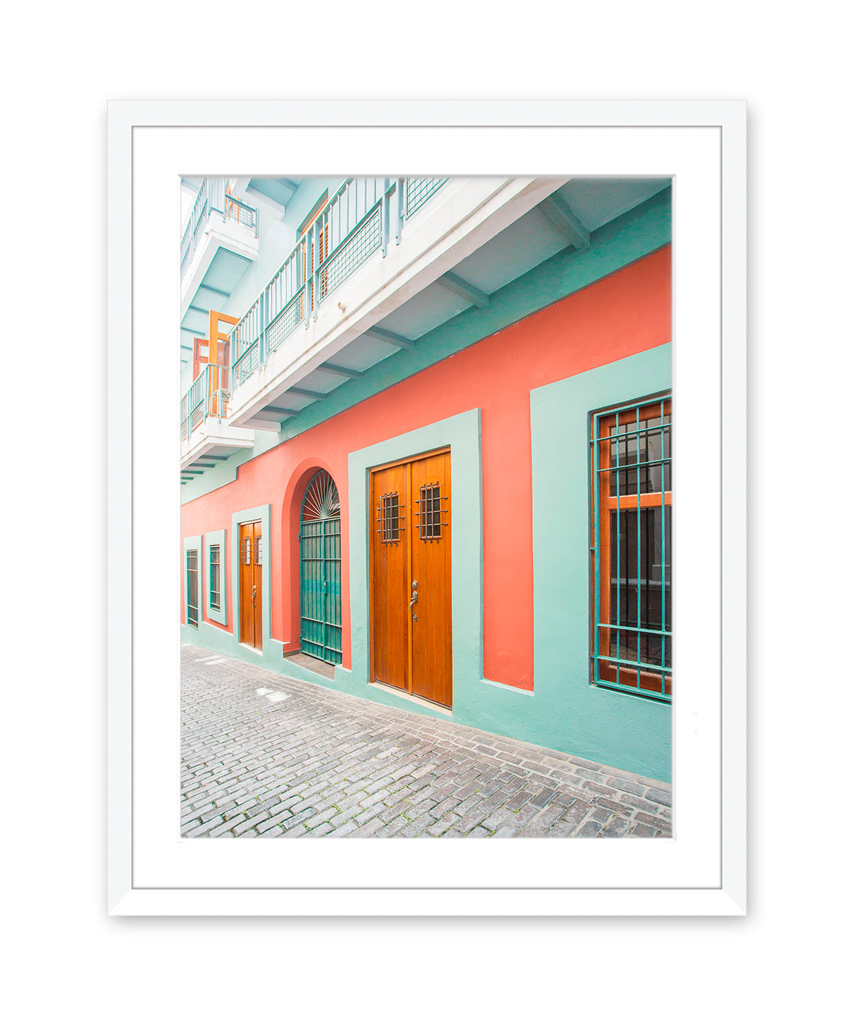 colorful architecture print, blue and red buildings in Old San Juan, Puerto Rico, White Wood Frame