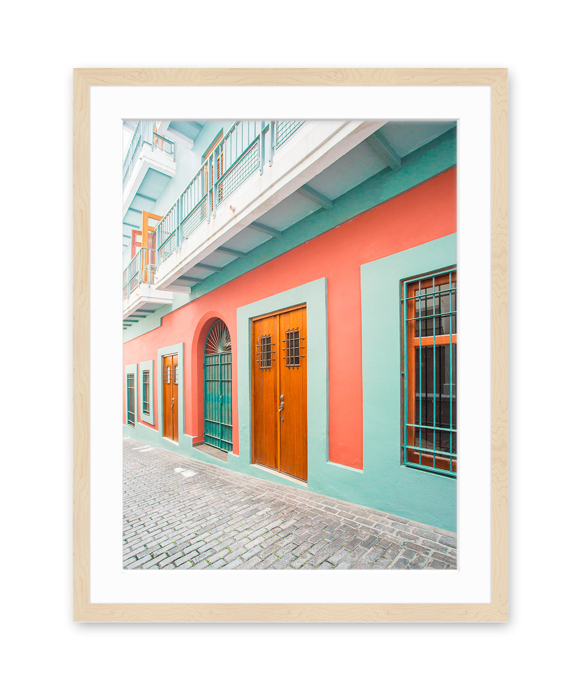colorful architecture print, blue and red buildings in Old San Juan, Puerto Rico, Natural Wood Frame