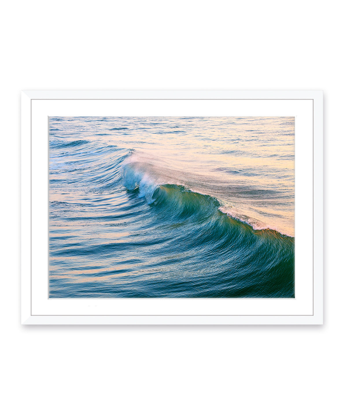 Colorful ocean art featuring blue wave, white frame