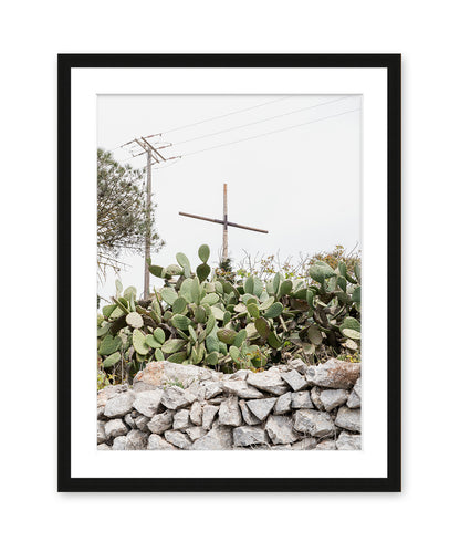 cactus, cross minimal neutral print, Santorini Greece Black Frame