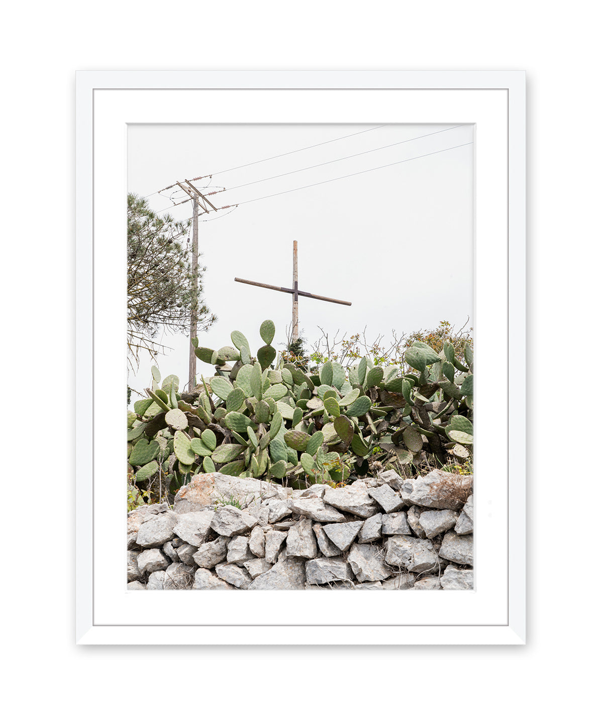 cactus, cross minimal neutral print, Santorini Greece white Frame
