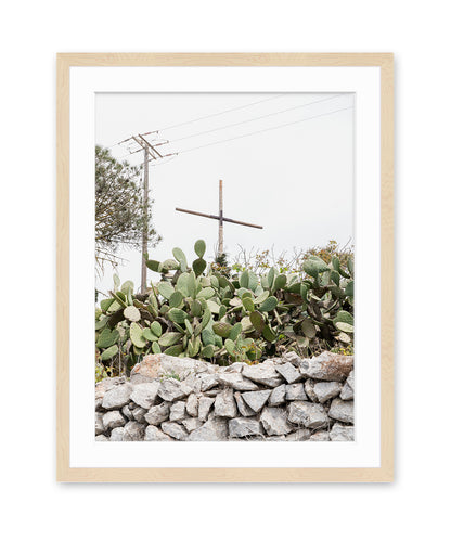cactus, cross minimal neutral print, Santorini Greece wood Frame