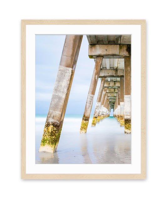 blue pier beach photograph, natural wood frame by Wright and Roam