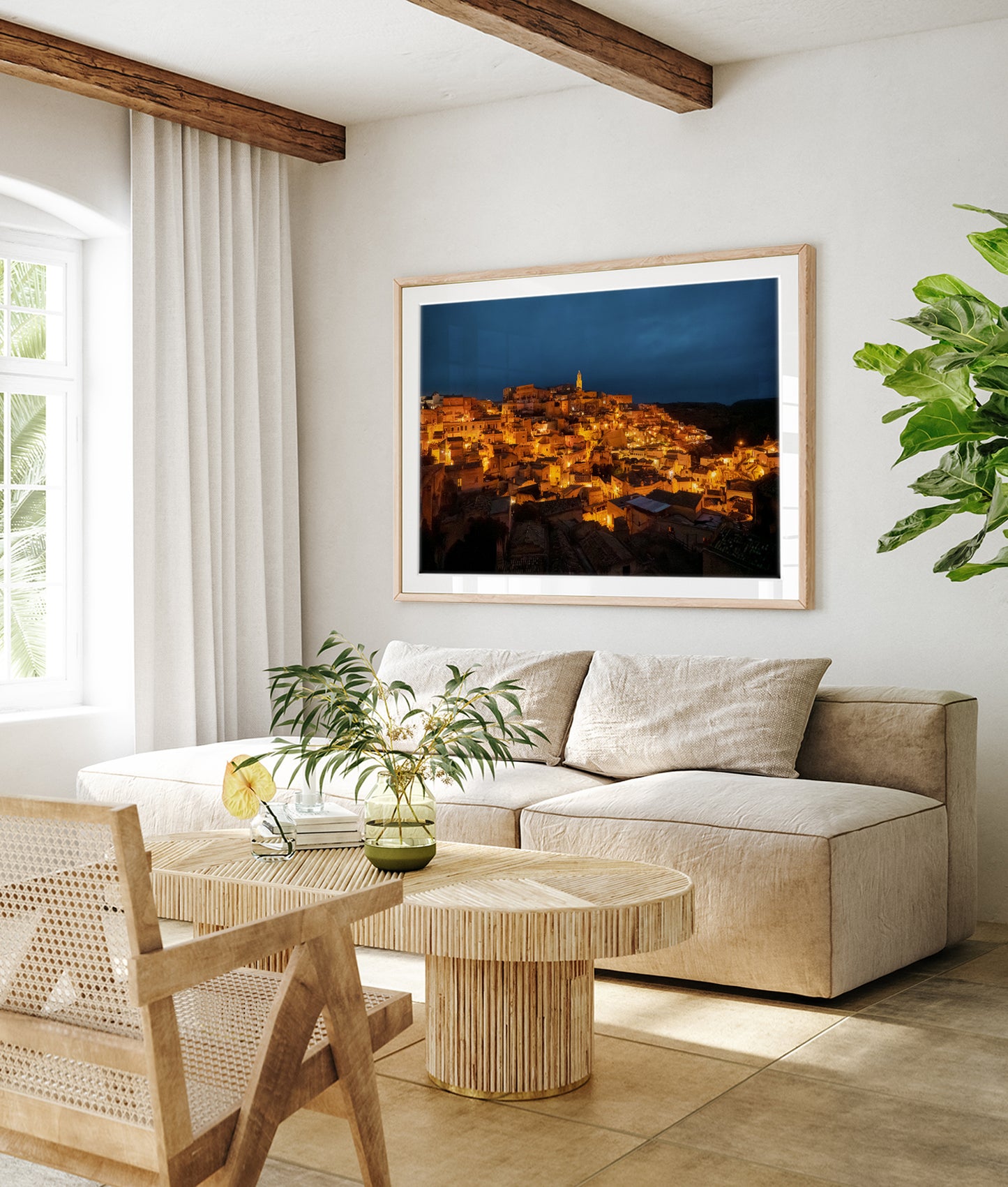 Matera, Italy night photograph displayed in  an old world style interior